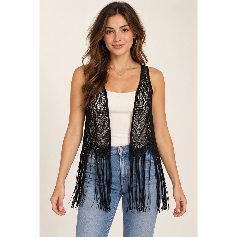 Black Poppy Lace Fringe Vest Black Sheer Open Front Festival Boho M L RN090233